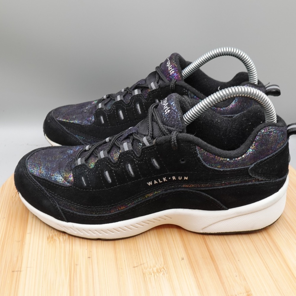 Easy Spirit Shoes Womens 8.5M Black Glitter Romy Casual Walking Sneakers Suede